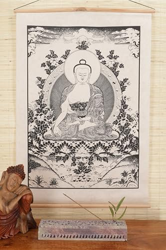 GURU SHOP Buddhistischer Wandbehang aus Loktapapier, Tibetischer Buddhismus Dekoration - Buddha-Shakyamuni, Weiß, 70x47x0,2 cm, Bilder & Bilderrahmen