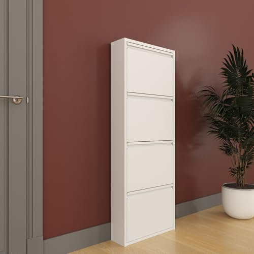 furni24 Schuhschrank Schmal – Platzsparender Metall-Schuhschrank mit Magnetklappen, Platz für 8-12 Paar Schuhe, Robuster Hoher Schuhschrank, Wandmontierbar und Vormontiert - 4 Klappen, Weiß