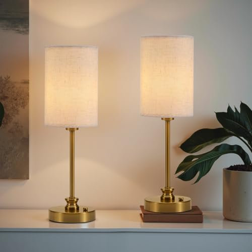 Bojim 2 Pack Cordless Rechargeable Fabric Table Lamps for Bedside, Modern Battery Powered Touch Bedside Lamp, Gold, Warm Light, Dimming Light for Living Room Hall Bookshelf Bathroom