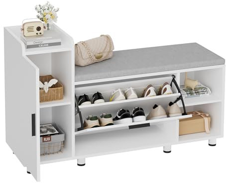 FiveWillowise Shoe Bench Storage with Seat 105 * 45cm, Ottoman Storage 1 Flip Drawer and 2 Open Shelves for Mordern Home, Hallway Cabinet Unit with Seat(White)