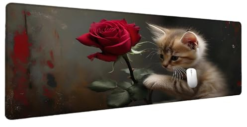 Mouse Mat Cat Mouse Pad Large XXL 1200x600mm Rose Desk Mat, Gaming Mousepad Desk Accessories for Men, Keyboard Mousepad Waterproof Non-Slip Rubber Base Stitched Edges Mousemat for Gaming Office X-2