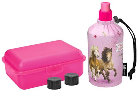 Emil Trinkflasche aus Glas inkl. Brotbox & Ersatzverschlüsse – Starterset zur Einschulung - BPA-frei & schadstofffrei, isolierend – Ziehverschluss für Wasser, Saft & Milch – Pferdefreunde© (0,3l)