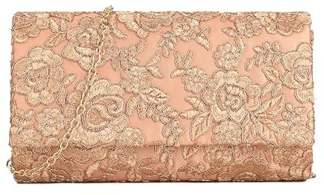 Girly Handbags Womens Satin Floral Lace Clutch Bag Sophisticated Evening Handbag for Weddings & Formal Events Compact & Stylish with Lined Interior & Pocket Small Rose Gold