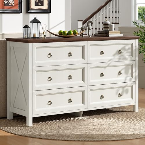 Merax Kommode, Aufbewahrungsschrank mit 6 Schubladen, Moderne Anrichte Esszimmerschrank mit Arbeitsplatte, Sideboard im Vintage-Stil, für Wohnzimmer, Schlafzimmer, Büro, Dokumente Kleinigkeiten, Beige