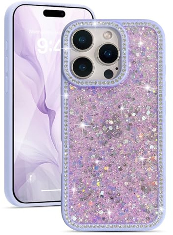 EYZUTAK for iPhone 14 Pro Max Case, Luxury Bling Shiny Glitter Sequin Phone Case with Sparkly Crystal Diamonds Rhinestone Border Aesthetic Cute Slim Soft Durable TPU Protective Cover for Women-Purple