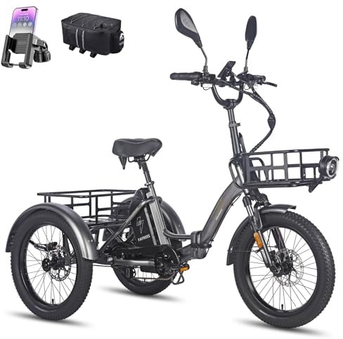 Fafrees Elektro Dreirad Fahrrad für Erwachsene, 48V 21Ah Akku mit 65-115 km Reichweite, E-Bike Dreirad mit Blinker, Rückspiegel, 180kg Tragkraft (Vordererrahmen + Kleiner Heckrahmen, Grau)
