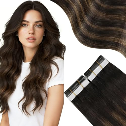 Moresoo Tape in Hair Extensions Real Human Hair Roots Dark Brown Balayage Dark Brown with Medium Brown Tape in Hair Extensions Real Hair 24 Inch 20pcs 50G #2/6/2