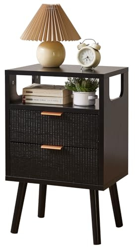 Aibiju Nachttisch, Mid-Century Modern-Nachttische mit 2 Schubladen, offenem Fach, Beinen aus Massivholz, 3-stufiger Nachttisch für Schlafzimmer und Wohnzimmer, Schwarz YD-TM063B