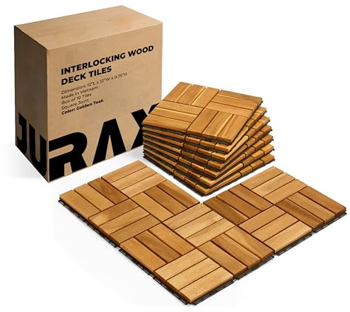 Jurax Interlocking Wood Deck Tiles, 10Pcs Patio Flooring, Golden Teak