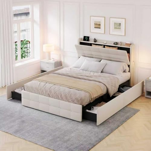 Jtyca Double Bed Frame with Storage, 4ft6 Upholstered Bed with 4 Drawers and Side Pocket, Storage Bed with USB and Type-C Ports, Wooden Slats, Beige, 135x190 cm (No Mattress)