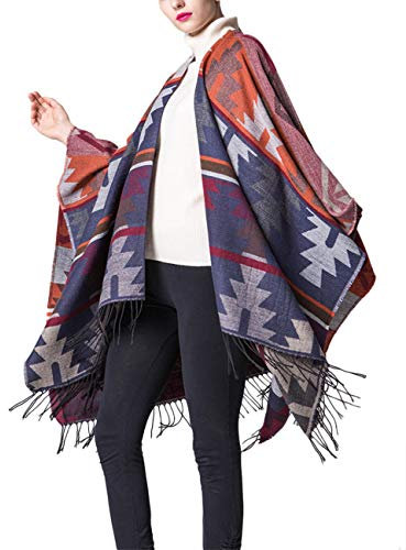 xxxiticat Damen Indianer Trendy Kaschmir Plaid Muster Wrap Schal Cardigan Poncho Umhang Schal, Orange/Abendrot im Zickzackmuster (Sunset Chevron), Einheitsgröße