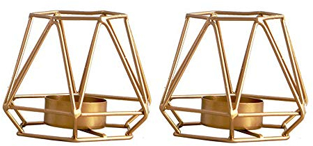 2 Stück Metall Sechseck Geformt Geometrisches Design Teelicht Votiv Kerzenhalter, Eisen Hohl Teelicht Kerzenhalter für Vintage Hochzeit Dekoration, Gold