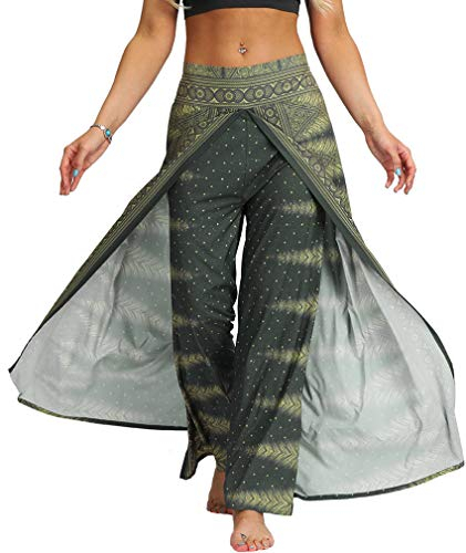 GLUDEAR Damen Boho-Print Palazzo Side Split Wide Leg Workout Yoga Pants - Grün - Small/Medium
