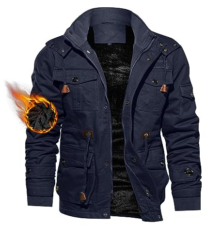 TACVASEN Uomo Winter Militare Giacca in Pile Cappotto con Cappello Staccabile, Blu Navy, M