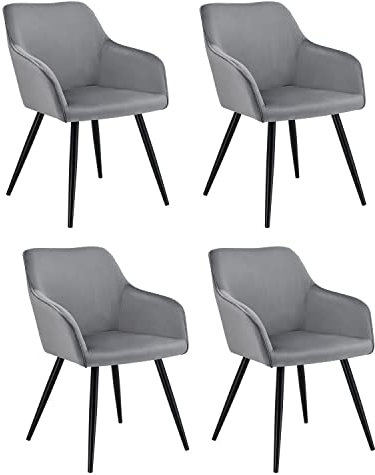 Juskys Esszimmerstühle 4er Set Tarje mit Rückenlehne & Armlehne, Metallbeine, Samt Bezug, bis 110 kg belastbar, 4 Stühle Esszimmer Küche Küchenstühle - hellgrau