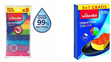 Vileda Kit Colors Spugna antigraffio abrasiva Ondattiva Milleusi Colors 3+1 pezzi, anche per padelle Teflon + Panni in microfibra Microfibre Colors, Multiuso, Multicolore, 8+1 Pezzi