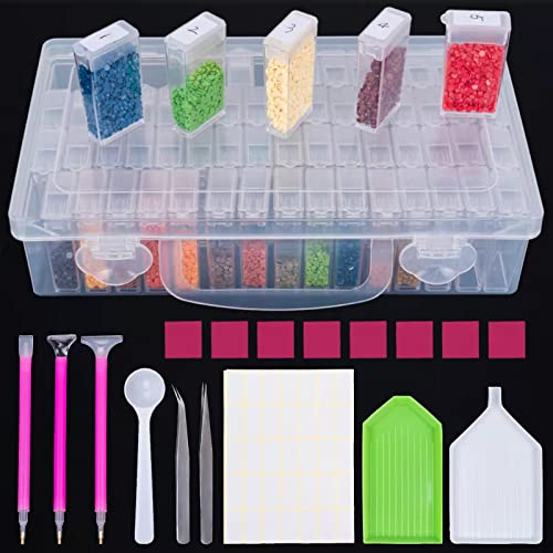 DONQL 64 Grids Diamond Painting Storage Boxes,Diamond Art Storage Box, Diamond Paintings Accessories with 48Pcs Diamond Painting Clay 3 Drill Pens 2 Trays 1 Spoons and Labels (8 pcs Clay)
