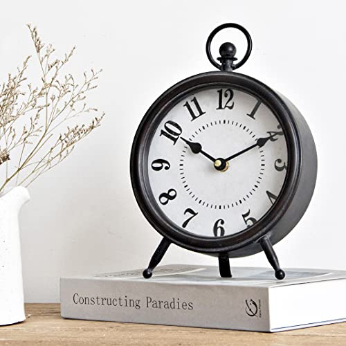 MACVAD Vintage Black Table Clock on Stand, Decorative Desk and Shelf Clock, Rustic Mantel Clock Farmhouse Clock Non-Ticking