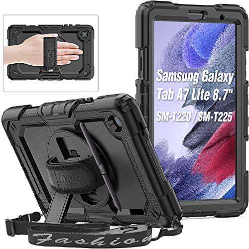 SEYMAC Case for Samsung Galaxy Tab A7 Lite 2021 8.7 Inch (SM-T220/SM-T225), Heavy Duty Shockproof Case with Screen Protector, 360° Rotating Hand Strap & Stand, Shoulder Strap, S Pen Holder, Black