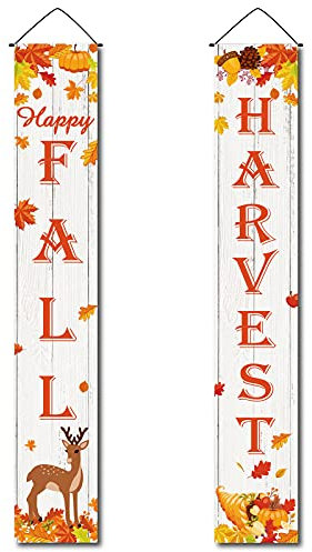 CREATCABIN Thanksgiving Hängende Banner Herbst Ernte Fröhlich Geben Danke Ahornblatt Elch Kürbis Essen Tür Dekor Veranda Schild Für Indoor Outdoor Ferienhaus Veranda Wand Weihnachten 11.8 x 70.8inch