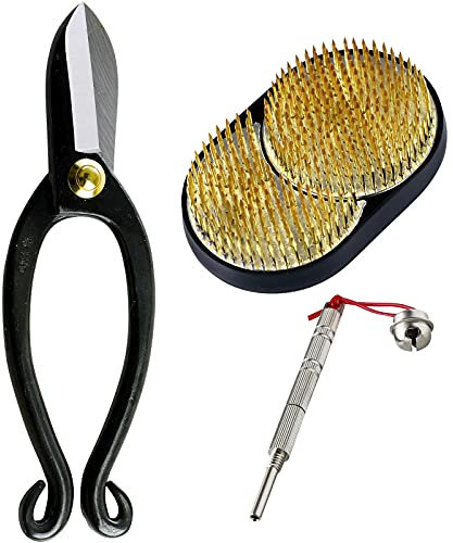 Wazakura Kit Ikebana Esencial de 3 Herramientas de arreglos Florales japoneses con Tijeras Ikenobo para podar y Cortar Flores, Soporte de Flores Kenzan Sol y Luna y Limpiador de Kenzan