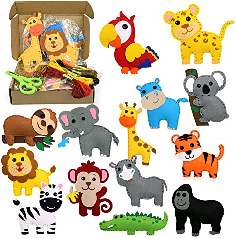 SIMDAO 14Stück Nähset für Kinder, niedliches Wildtier-Nähset mit Anleitung und Plüschfilzmaterialien, DIY Bastelset für Kinder ab 5 Jahren, pädagogisches Nähset für Mädchen und Jungen