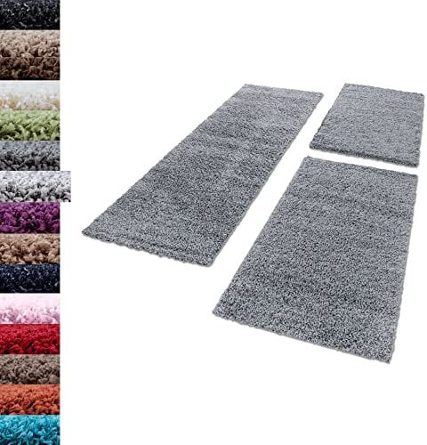 Carpettex Bettumrandung Schlafzimmer 3teilig Shaggy Teppich Hochflor Einfarbig Hellgrau Bettset:2 mal 100x200 + 1 mal 80x250 - Bettvorleger Schlafzimmer Läuferset Flauschiger Bettumrandung Teppich