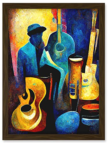 Doppelganger33 LTD Abstract Oil Painting Jazz Blues Musician With Instruments Artwork Framed Wall Art Print A4