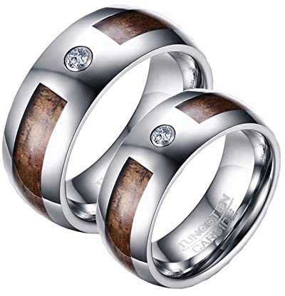 Banemi Verlobungsring XXL, Paar Ring Breit Silver Wolframcarbid Zirkonia mit Holzeinlage Verlobungsringe Valentinstag Schmuck