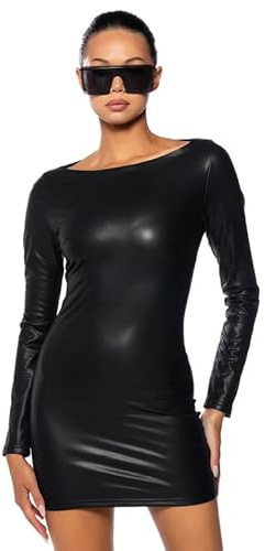BODYWEAR LTD Damen Wetlook Langarm PU Damen Bodycon Midi Kunstleder Minikleid
