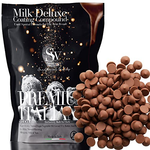 Premium Italian Melting Chocolate Candy Melts 5 Lbs | Only 6 Natural Ingredients | GMO and Gluten Free | Milk DeLuxe Compound Choco | Milk Chocolate Wafers | Resealable Pack | Perfect for Chocolate Fountain Fondue Baking Dipping