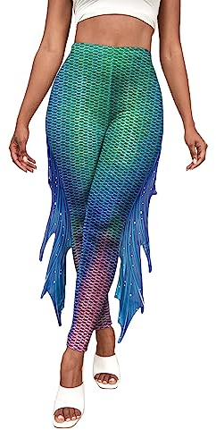 Meerjungfrau Yoga Print Leggings für Frauen Plus Größe Fischschuppen Hohe Taille Hosen Halloween Kostüm Strumpfhose, Meerjungfrau 2023, M