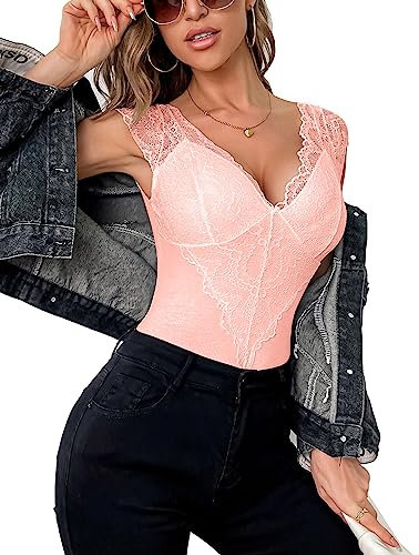 Aranmei Body da donna Sexy pizzo Body manica donna Sexy body body top con chiusura a pressione uscita top casual, Rosa, L