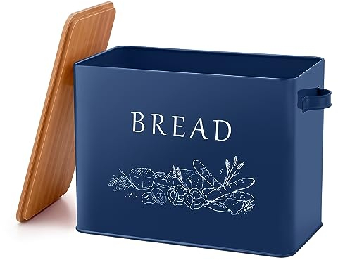 Homikit Bread Bin, Metal Bread Box with Wooden Cutting Board Lid, Extra-Large Bread Storage Holder for Kitchen Countertop, 33x18x24.5cm Holds 2+ Loaves, Vintage & Farmhouse Décor – Dark Blue