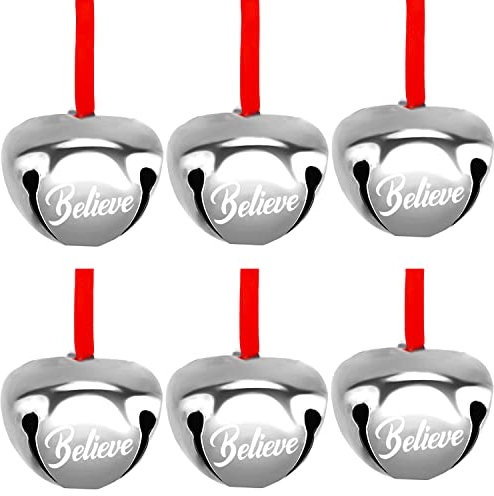 FOIMAS 30 Stück 4,1 cm Glöckchen Ornament Metall Weihnachten Schlittenglocken mit rotem Band für Weihnachtsbaum Urlaub Dekoration, Silber