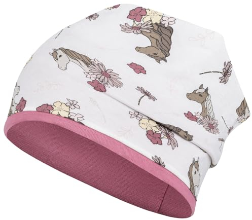 Smarilla Mädchen Mütze Beanie Übergang Stoff Baumwolle doppellagig, Größe: 50-52, Farbe: Pferde-Creme