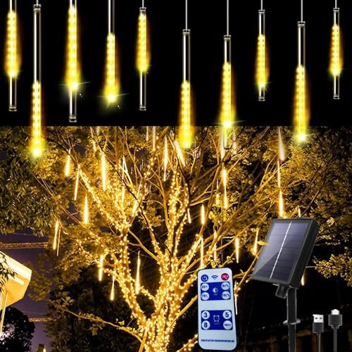 Partenopea® Luci di natale da esterno con pannello ricarica solare e USB catena luminosa natalizia ricaricabile 360 LED tubo effetto meteorite 50 cm impermeabili IP65 con Telecomando (Luce calda)