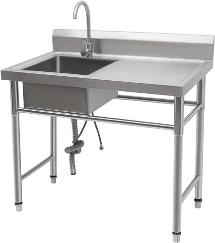 Freistehend Edelstahl Multifunktionswaschtisch, 100×60×93CM Gewerbliche Spülbecken, Spültisch für Outdoor und Camping, Spüle mit Wasserhahn Waschtisch