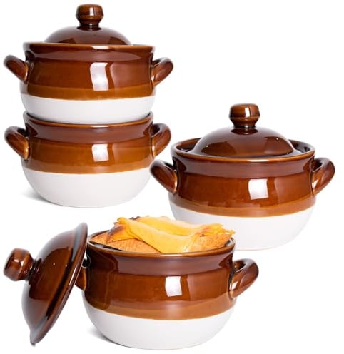 Vumdua French Onion Soup Bowls with Lids and Handles, 22 oz Ceramic Onion Soup Crocks for Chilli, Cereal, Cereal, Pot Pies - French Onion Soup Crocks, Oven, Broil & Dishwasher Safe, Set of 4