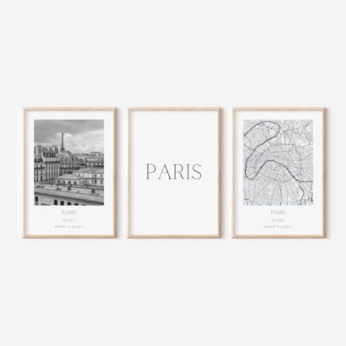 ZoeyAustin® 3er Poster Set, City Poster, Stadt Poster DIN A3 (30cm x 42cm), Minamalist Modern Wanddeko, Wohnzimmer Schlafzimmer Deko, Schwarz-Weiß (Paris)