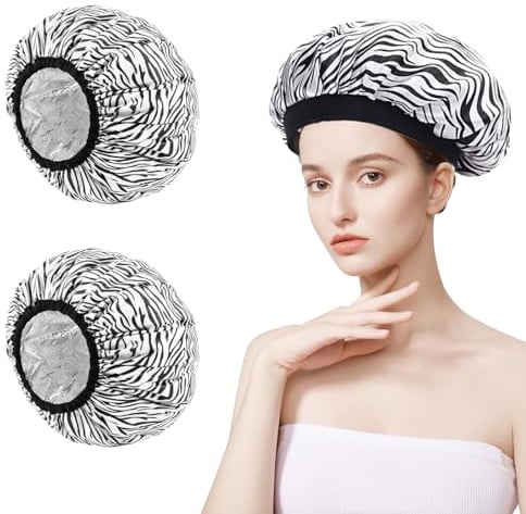 Goiern Pack of 2 Hair Heating Caps, Aluminium Foil Shower Cap for Deep Care, Hair Dye & Hot Oil Treatment, Black, Women's & Girls' Unisex Adult & Children's Shower Cap