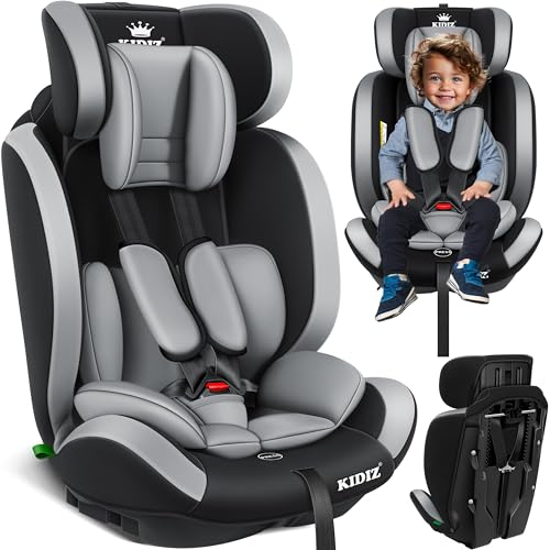 KIDIZ® Seggiolino auto per bambini, gruppo 1 + 2 + 3, 9 – 36 kg, cintura di sicurezza a 5 punti, seggiolino auto, poggiatesta regolabile, rialzo del sedile da 1 – 12 anni, stabile e sicuro