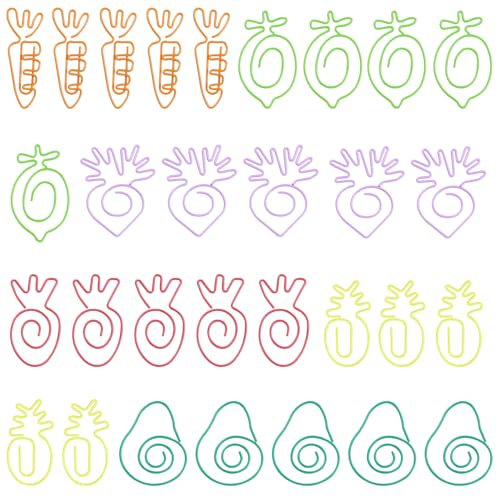 LuenHego 30 Pieces Cute Fruit & Vegetable Shaped Paper Clips, Metal & Plastic, Light Green, Purple, Deep Green, Orange, Yellow, Red, 1.25 inches