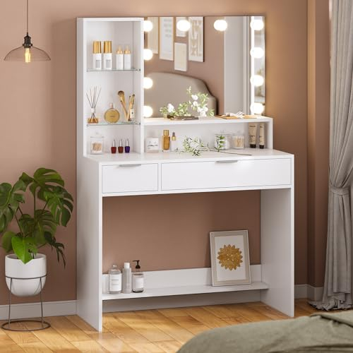 AOGLLATI Schminktisch mit Spiegel und 10 LED-Leuchten Modern Frisiertisch mit 2 Schubladen & 4 offenen Fächern 3 Farben mit Einstellbarer Helligkeit Kosmetiktisch Weiß