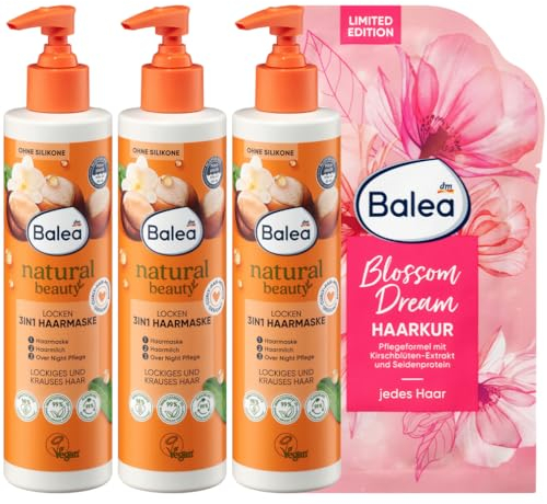 Balea 4er-Set Haarpflege: Natural Beauty 3in1 Haarmaske LOCKEN verleiht lockigem und krausem Haar neue Sprungkraft, ohne zu beschweren (3 x 250 ml) + Haarkur BLOSSOM DREAM Tiefenpflege (20 ml), 770 ml
