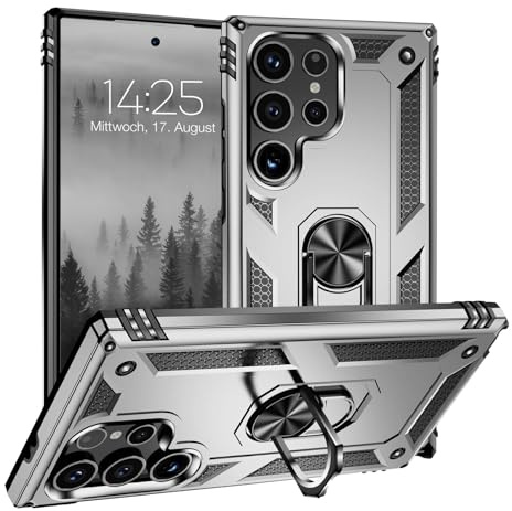 LBH Outdoor Hülle für Samsung Galaxy S24 Ultra Armor Militär Stoßfest Handyhülle 360 Grad Metal Ring Halter Ständer Schutzhülle für Handyhalterung Auto Magnet Silber