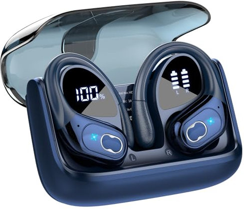 Aptkdoe Cuffie Bluetooth Sport, Auricolari Bluetooth 5.4 HiFi Stereo, Chiamata ENC HD Mic, 75 Ore Cuffie Wireless Display LED, IP7 Impermeabili Cuffiette Bluetooth USB-C, Blu Reale