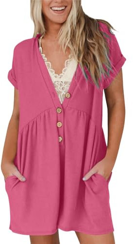 Combi Pantalon Femme Chic Combinaison d'été pour Femmes, Grande Taille, Ample, froncée, Couleur Unie, tempérament, Boutons, Nouvelle 2024 Salopette Short Femme Grande Taille (Hot Pink, L)