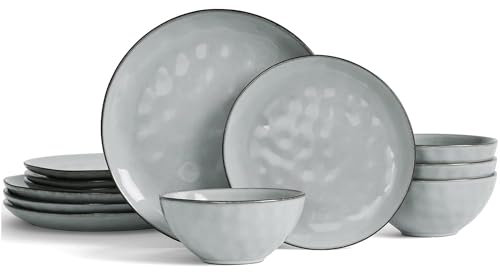 Richmount Ocean 12 Piece Dinner Set, 3D Wave Relief Irregularly Shaped Plates and Bowls Set, Dinner Sets for 4, Reactive Glaze Dinnerware Sets, Dishwasher & Microwave Safe, Stylish & Durable, Grey