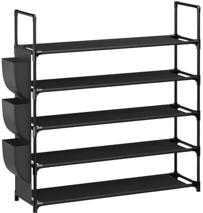 Dokeno Schuhregal, 5 Etagen Schuhschrank Schuhorganizer, Schuhständer Detachbarer mit Seitentaschen für 20-25 Paar Schuhe, Schuhregal Metall für Schrank, Eingangsbereich, Flur, Schlafzimmer, Garage